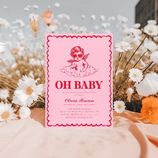Rosa und rotes Retro Cherub Kinderdusche Einladung