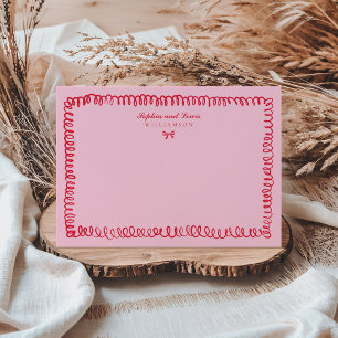 Rosa und rotes Retro Hand gezeichnetes Paar Statio Mitteilungskarte