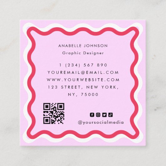Rosa und rotes Retro Wavy Frame Modern Script Name Quadratische Visitenkarte (Rückseite)