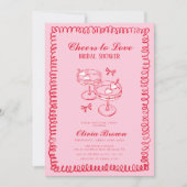 Rosa und rotes Retrohandgezeichnetes Brautparty Einladung (Vorderseite)