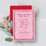 Rosa und rotes Retrohandgezeichnetes Brautparty Einladung<br><div class="desc">Rosa und rote Retro Hand gezeichnete Brautdusche Einladung</div>