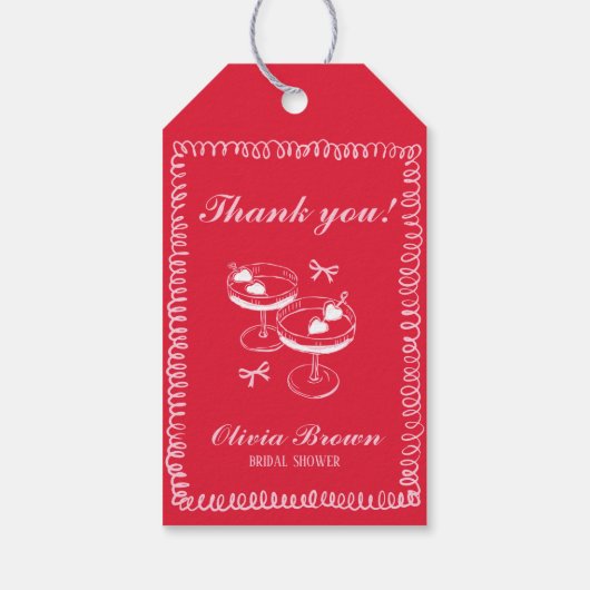 Rosa und rotes Retrohandgezeichnetes Brautparty Geschenkanhänger (Rückseite)