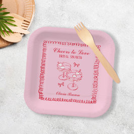 Rosa und rotes Retrohandgezeichnetes Brautparty Pappteller