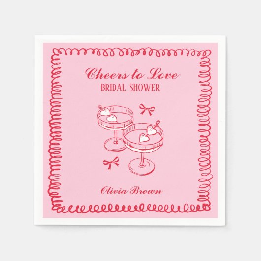 Rosa und rotes Retrohandgezeichnetes Brautparty Serviette (Vorderseite)