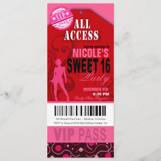 Rosa und rotes VIP Sweet 16 Ticket Party Einladung