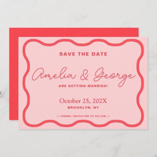 Rosa und rotes Wavy Retro Save The Date (Vorne/Hinten)