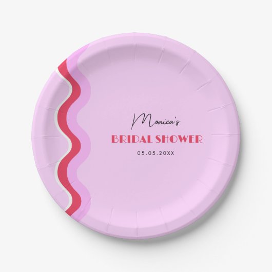 Rosa und rotes, welliges Retro 70er Brautparty Pappteller (Vorderseite)