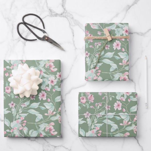 Rosa und rötliche Blütenmuster Geschenkpapier Set (Vorderseite)