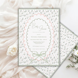 Rosa und Salbei Blumen Vintage-Baby-Party Einladung