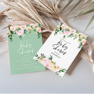Rosa und Salbei Wasserfarben Florale Babyparty Einladung