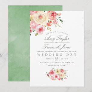 Rosa und Salbeigrün Aquarell Blumen Hochzeit Einladung