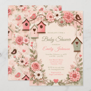 Rosa und Salbeigrün Florale Vögel Baby Shower Einladung