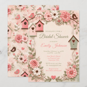 Rosa und Salbeigrün Florale Vögel Brautparty Einladung