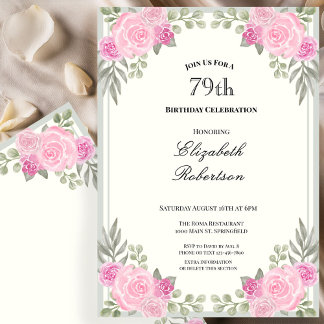 Rosa und Salbeigrüne Blumen zum 79. Geburtstag Einladung