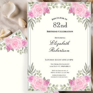 Rosa und Salbeigrüne Blumen zum 82. Geburtstag Einladung