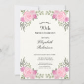 Rosa und Salbeigrüne Blumen zum 90. Geburtstag Einladung (Vorderseite)
