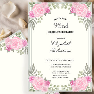 Rosa und Salbeigrüne Blumen zum 92. Geburtstag Einladung