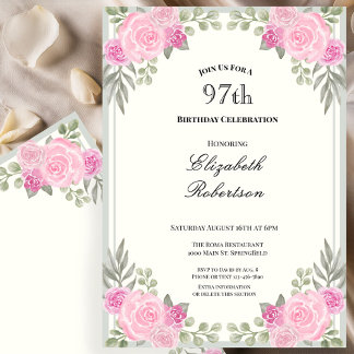 Rosa und Salbeigrüne Blumen zum 97. Geburtstag Einladung