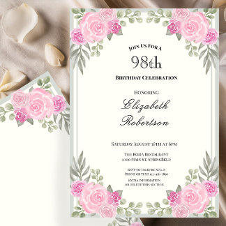 Rosa und Salbeigrüne Blumen zum 98. Geburtstag Einladung
