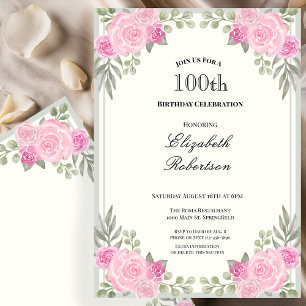 Rosa und Salbeigrüne Floral 100. Geburtstag Einladung