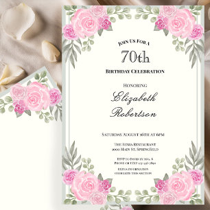 Rosa und Salbeigrüne Florale 70. Geburtstagsfeier Einladung