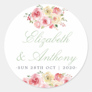 Rosa und Salbeigrüne Florale Aquarell-Hochzeit Runder Aufkleber