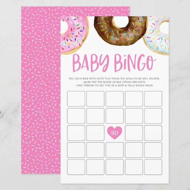 Rosa und Schokolade Donuts Baby Bingo Game Card (Vorne/Hinten)