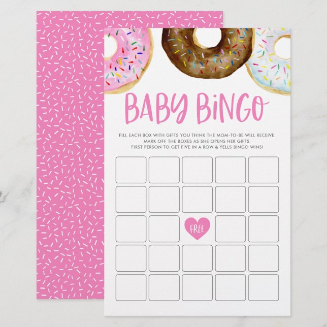 Rosa und Schokolade Donuts Baby Bingo Game Card (Vorne/Hinten)