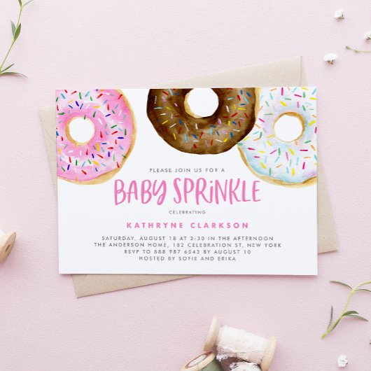 Rosa und Schokolade Wasserfarbe Donuts Baby Sprink Einladung