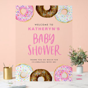 Rosa und Schokoladen Donuts Babyparty Willkommen Acrylschild