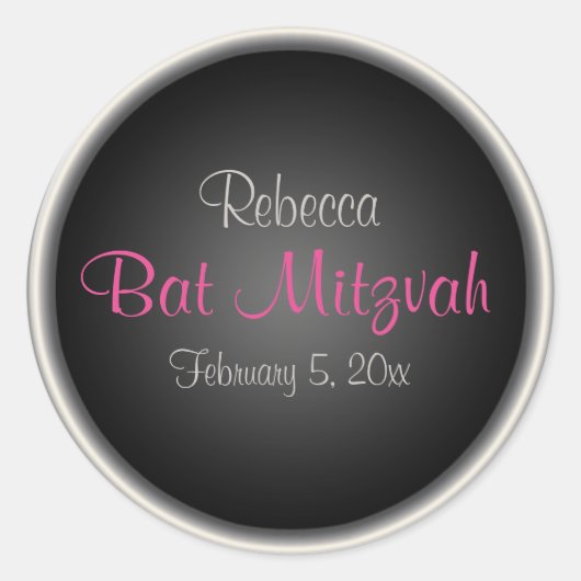 Rosa und schwarz 1,5" Runder Bat Mitzvah Sticker (Vorderseite)