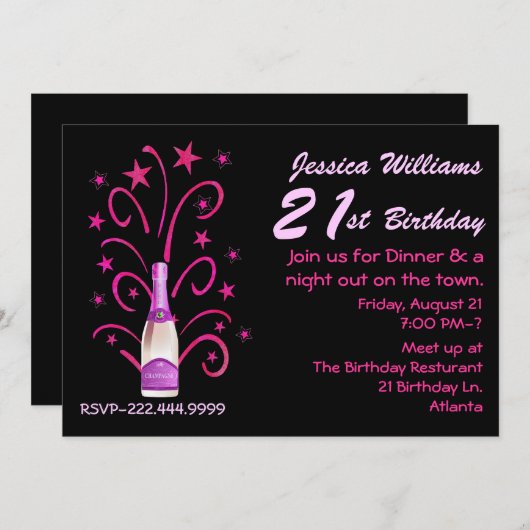 Rosa und Schwarz 21. Geburtstag Einladung (Vorne/Hinten)
