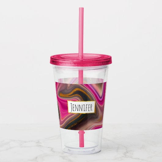 Rosa und Schwarz Abstrakt mit Gold-Wirbel Acryltrinkbecher (Vorderseite)