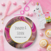 Rosa und Schwarz Abstrakt mit Gold Wirbel Hochzeit Pappteller (Party)