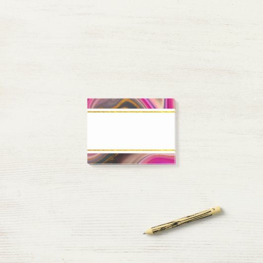 Rosa und Schwarz Abstrakt mit Gold-Wirbel Post-it Klebezettel (Auf Schreibtisch)