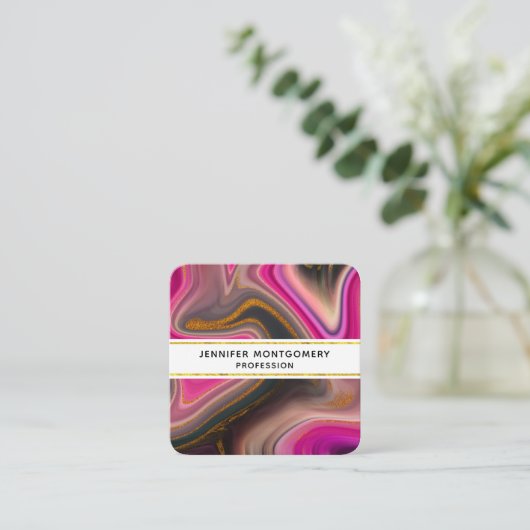 Rosa und Schwarz Abstrakt mit Gold-Wirbel Quadratische Visitenkarte (Stehend Vorderseite)