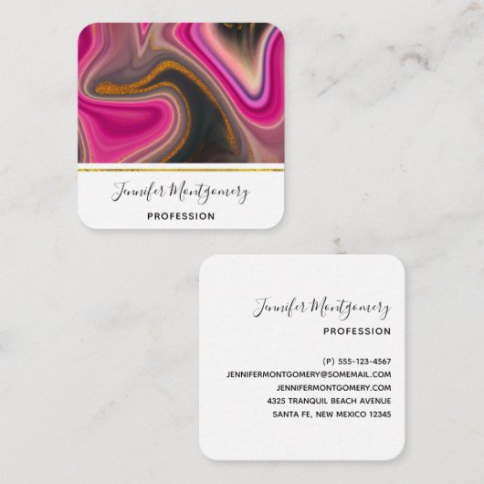 Rosa und Schwarz Abstrakt mit Gold-Wirbel Quadratische Visitenkarte (Vorne/Hinten)
