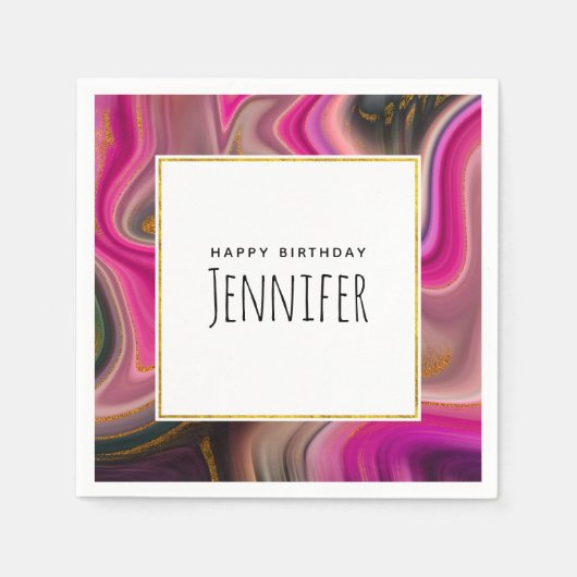 Rosa und Schwarz Abstrakt mit Golden Wirbel Geburt Serviette (Vorderseite)