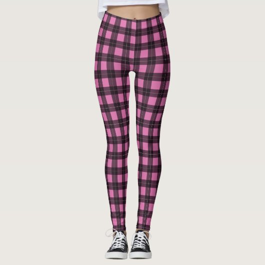 Rosa und Schwarz Buffalo Kariert Tartan Gemustert Leggings (Vorderseite)