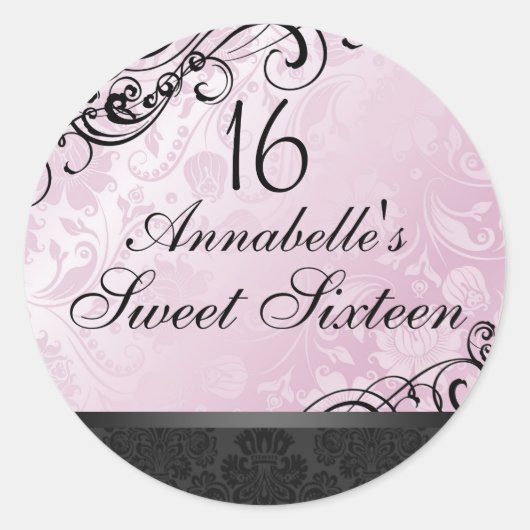 Rosa und schwarz Chic Floral Damask Sweet16 Aufkle Runder Aufkleber (Vorderseite)