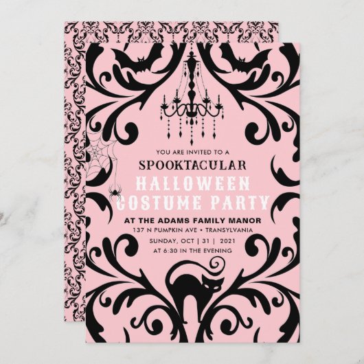 Rosa und schwarz Damaskus Glam Halloween Party Einladung (Vorne/Hinten)