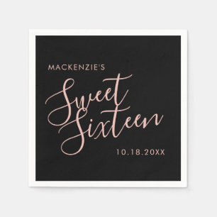 Rosa und schwarz Elegant Sweet 16 Personalisierter Serviette