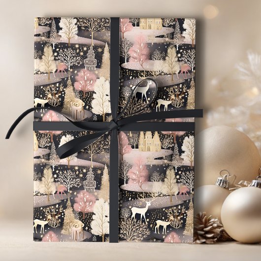 Rosa und schwarz Elegante Snowy Deer Forest Geschenkpapier