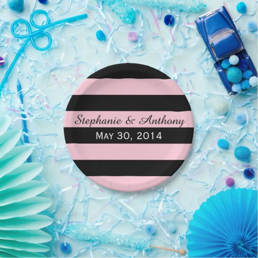 Rosa und schwarz gestreifte Hochzeit Pappteller (Party)