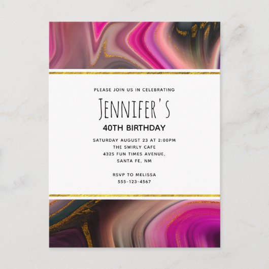 Rosa und Schwarz mit goldenen Wirbel Abstrakt Gebu Einladungspostkarte (Vorderseite)