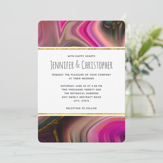 Rosa und Schwarz mit goldenen Wirbel Abstrakte Hoc Einladung (Stehend Vorderseite)