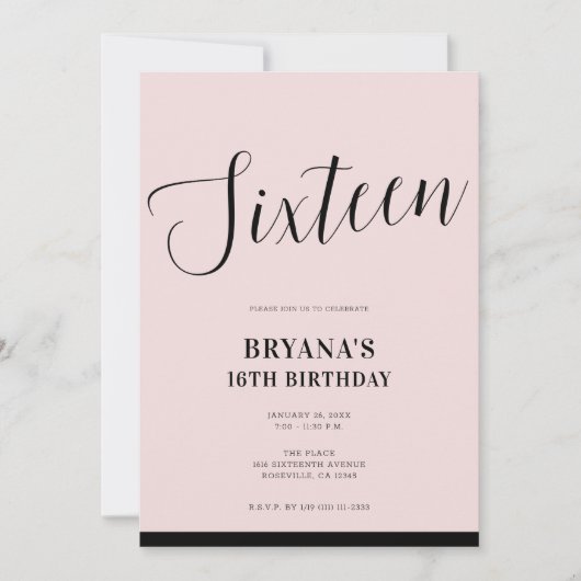 Rosa und schwarz Moderne Minimal Script Sweet 16 Einladung (Vorderseite)