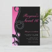 Rosa und schwarz-schick Glam Swirl Sweet 16 Party Einladung (Stehend Vorderseite)
