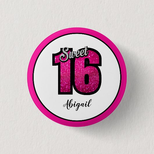 Rosa und Schwarz Sweet 16 Birthday Glitzer Button (Vorderseite)