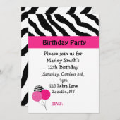 Rosa und Schwarz Zebra Geburtstagsfeier Einladung (Vorne/Hinten)